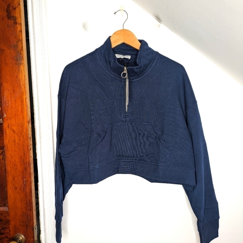 WEWOREWHAT Dress Blue Cotton Terry Cropped Half Zip Sweatshirt NEW Size L